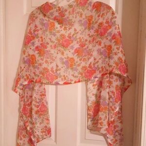 Flower scarf large pink orange beautiful,  bathing suit cover up vintage